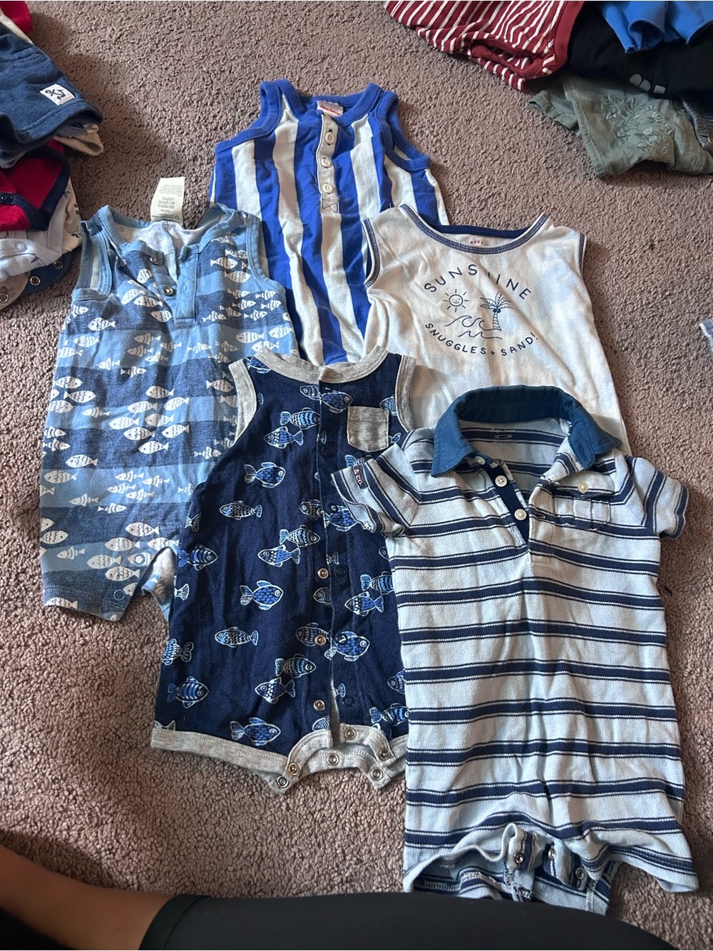 5 blue one pieces 3-6 months